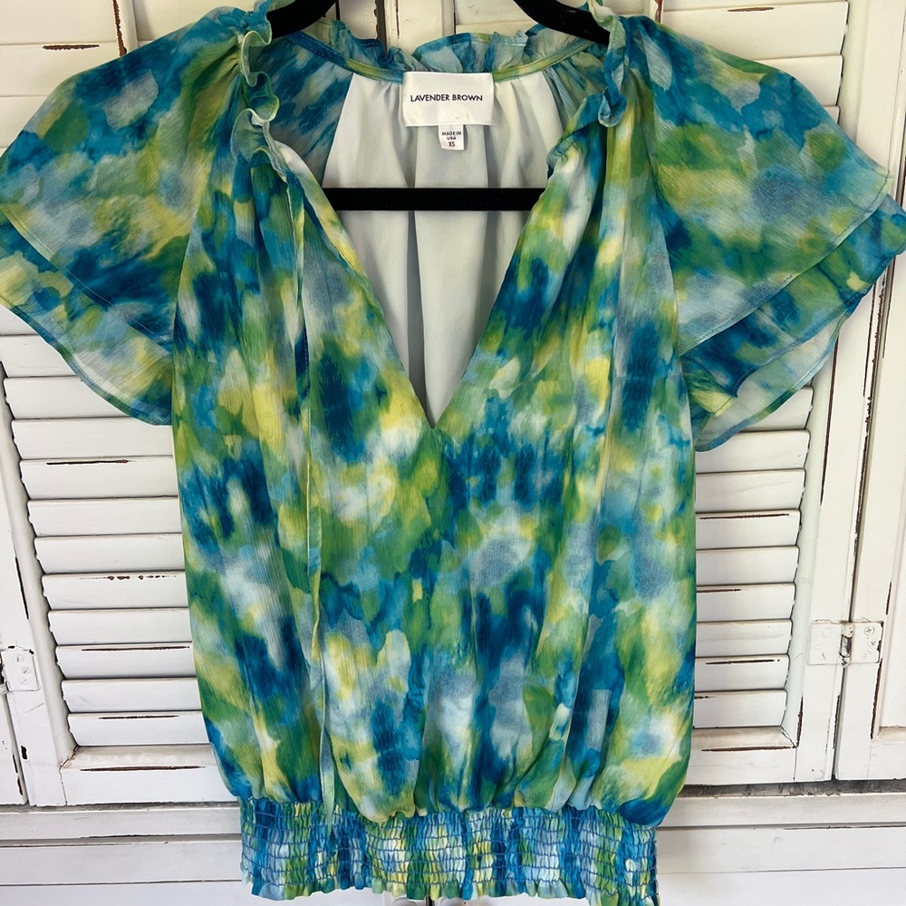 Blue and Green Flutter Sleeve Blouse by Lavender Brown